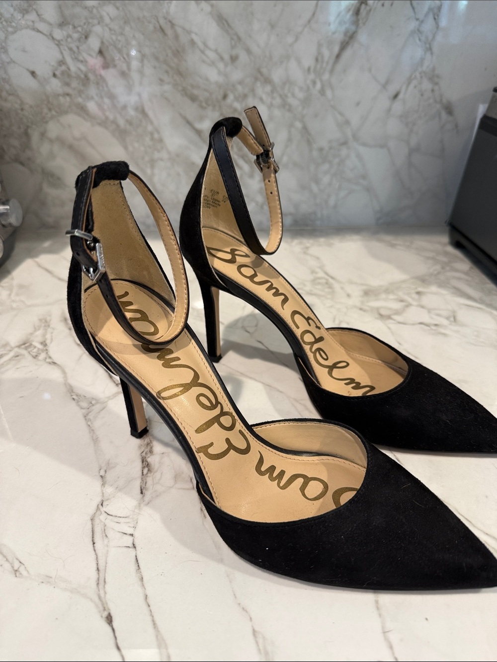 Sam Edelman Black Suede Pointed Ankle-Strap Stilettos